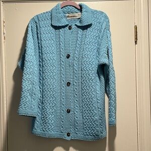 Aran Crafts Aqua Button Down Cotton Acrylic  Knit Cardigan